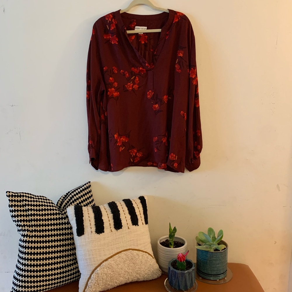 Red and floral long sleeve blouse